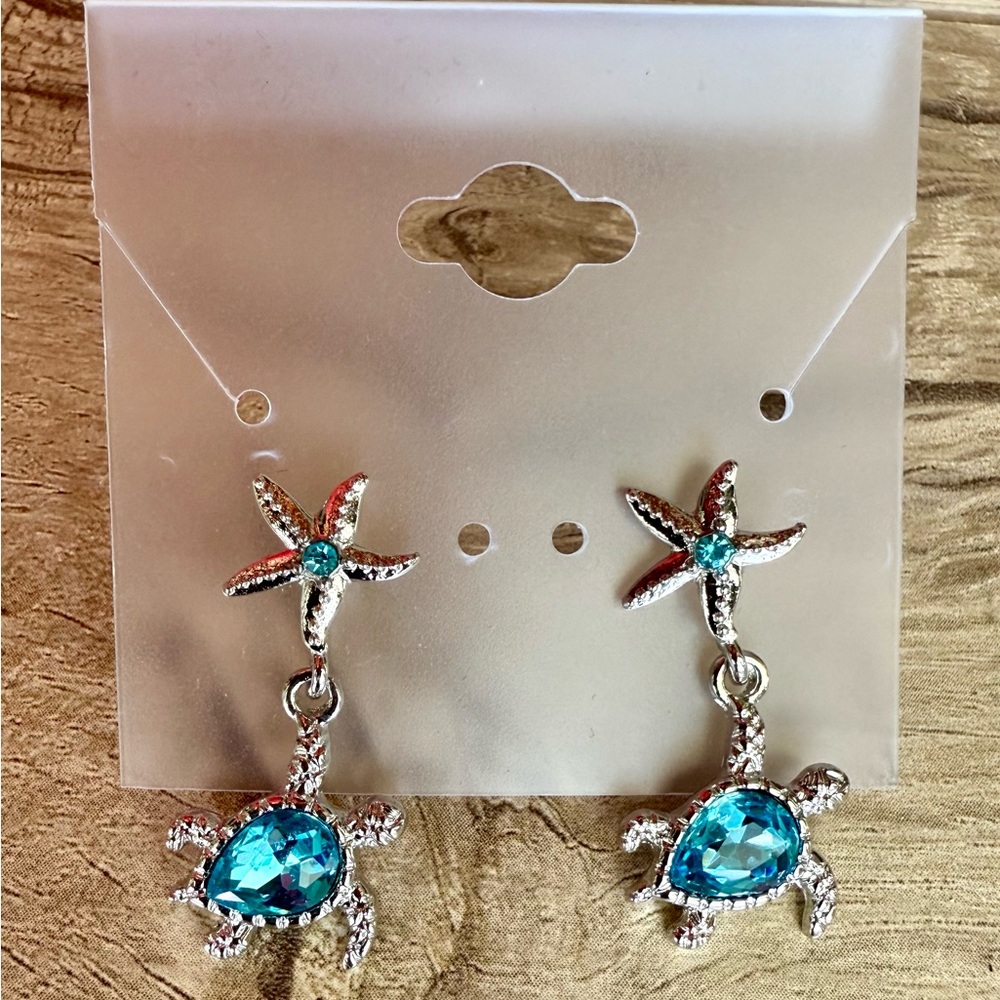 Silver and Aquamarine Gem Starfish and SeaTurtle Earrings